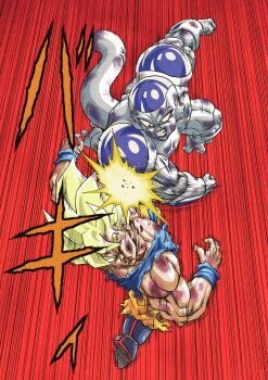 2boys absurdres battle blonde_hair blue_boots blue_shirt boots clenched_hands colored_skin commentary_request dragon_ball dragonball_z frieza full_power_frieza green_eyes highres male_focus motion_lines multiple_boys muscular muscular_male nagare_seiya orange_pants pants punching red_eyes shirt son_goku speed_lines spiked_hair super_saiyan super_saiyan_1 torn_clothes torn_shirt white_skin