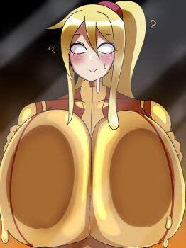 ? blonde_hair blush bodysuit breasts commentary english_commentary highres impossible_bodysuit impossible_clothes iriomote_umineko large_breasts long_hair metroid metroid_fusion nintendo no_pupils orange_bodysuit ponytail sa-x skin_tight smile solo zero_suit