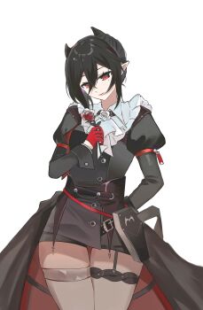 1girl absurdres arknights arm_behind_back ascot black_dress black_hair chinese_commentary closed_mouth commentary_request cowboy_shot crossed_bangs dress entelechia_(arknights) flower gloves grey_thighhighs hair_between_eyes hair_horns highres holding holding_flower juliet_sleeves light_smile long_bangs long_sleeves looking_down mole mole_under_eye pointy_ears puffy_sleeves qier7439 red_eyes red_flower red_gloves red_rose rose short_hair simple_background solo standing thighhighs white_ascot white_background white_flower white_rose