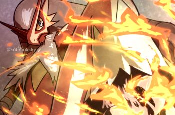 blaziken blue_eyes blurry closed_mouth colored_sclera commentary_request fire gen_3_pokemon kotobukkii_(yt_lvlv) leg_up nintendo pokemon pokemon_(creature) pokemon_focus solo twitter_username watermark yellow_sclera