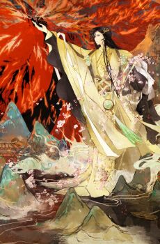 1boy architecture black_hair boat brown_sash cape cherry_blossoms chinese_clothes chinese_commentary closed_mouth commission corsage east_asian_architecture expressionless falling_flower flower full_body gate hair_ornament hairclip hand_up hanfu heavenly_white_(the_tale_of_food) highres holding holding_flower house huai_xu_sapling long_hair long_sleeves looking_at_viewer male_focus mountain outstretched_arm parted_bangs pink_flower red_sky river robe sash side_part sideways_glance sky smoke solo spirit standing sweater_guard tassel the_tale_of_food very_long_hair waist_sash watercraft wide_sleeves yaopei yellow_cape yellow_eyes yellow_hanfu yellow_robe