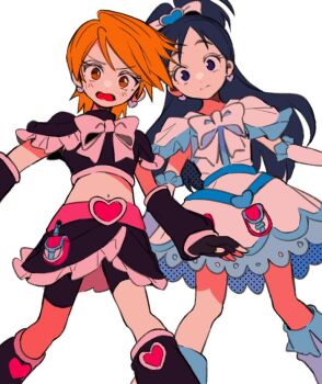 2girls bike_shorts black_gloves black_shirt black_skirt blue_eyes blue_hair blush boots bow bowtie closed_mouth commentary_request crop_top cropped_shirt cure_black cure_white dress earrings feet_out_of_frame fingerless_gloves frilled_skirt frills futari_wa_precure gloves hair_bow heart heart_earrings jewelry long_hair looking_at_viewer magical_girl midriff misumi_nagisa multiple_girls navel open_mouth orange_eyes orange_hair pink_bow pink_bowtie precure sanamaru_(sana79261827) shirt short_sleeves simple_background skirt standing white_background white_boots white_bow white_bowtie white_dress white_gloves yukishiro_honoka