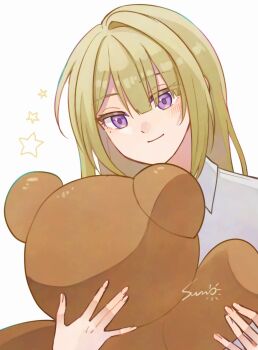 1girl alternate_costume blush closed_mouth commentary_request evelyn_chevalier hair_down highres holding holding_stuffed_toy mole mole_under_eye purple_eyes shirt simple_background single_hair_intake smile solo star_(symbol) stuffed_animal stuffed_toy sun_(knp_ta1y0) teddy_bear upper_body white_background white_shirt zenless_zone_zero