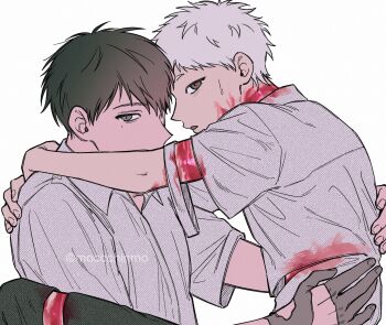 2boys arms_around_neck black_hair blood blood_on_clothes blood_on_face blood_on_neck collared_shirt commentary_request from_side grey_eyes highres hikaru_ga_shinda_natsu indou_hikaru interrupted looking_at_viewer male_focus moccchinmo mole mole_under_eye multiple_boys pants red_pupils scar scar_on_hand shirt short_eyebrows short_hair short_sleeves simple_background slit_pupils torn_clothes torn_pants torn_shirt tsujinaka_yoshiki twitter_username white_background white_hair white_shirt