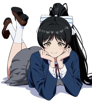 1girl black_hair blue_jacket breasts brown_shoes commentary_request grey_skirt grey_vest happy hazuki_ren highres jacket large_breasts legs long_hair love_live! love_live!_superstar!! lying on_stomach ponytail school_uniform shirt shoes simple_background skirt smile socks solo the_pose thighs vest white_background white_shirt white_socks yellow_eyes yuigaoka_school_uniform zaofeng