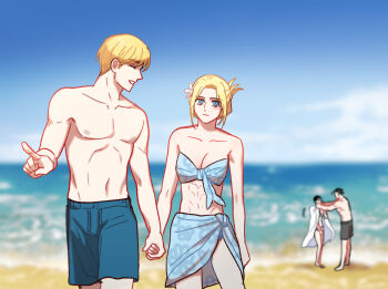 2boys 2girls abs annie_leonhart armin_arlert bare_shoulders beach bikini black_hair blonde_hair blue_bikini blue_eyes blue_male_swimwear blue_sarong blurry blurry_background breasts cleavage closed_eyes closed_mouth couple covering_another cowboy_shot eren_yeager flower full_body grey_male_swimwear hair_flower hair_ornament hetero highres holding_hands male_focus male_swimwear medium_breasts midriff mikasa_ackerman multiple_boys multiple_girls ocean parted_bangs parted_lips pointing possessive rakji sarong shingeki_no_kyojin short_hair smile swimsuit topless_male towel towel_around_neck updo
