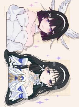 2girls ayacchirin bare_shoulders black_hair choker columbina_(genshin_impact) columbina_(genshin_impact)_(cosplay) commentary cosplay costume_switch crossover dress english_commentary genshin_impact hairband head_wings highres long_hair multicolored_hair multiple_girls off-shoulder_dress off_shoulder purple_eyes short_hair sideways sua_(alien_stage) sua_(alien_stage)_(cosplay) two-tone_hair white_choker white_dress white_hairband white_wings wings