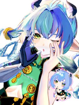 832cy animal_ears black_horns blue_hair blush braid breasts chibi clothing_cutout commentary_request crossed_bangs goat_ears goat_girl goat_horns green_pupils hair_between_eyes hair_intakes highres horns long_hair looking_at_viewer lucia_elowen medallion medium_breasts mole mole_on_arm one_eye_closed open_mouth pointy_ears simple_background single_sleeve twin_braids underboob_cutout upper_body white_background yellow_eyes zenless_zone_zero