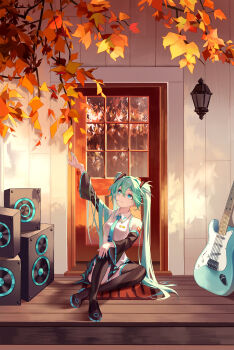 1girl absurdres aqua_eyes aqua_hair aqua_nails aqua_necktie aqua_trim arm_tattoo black_skirt boots breasts closed_mouth collared_shirt detached_sleeves dgwaves electric_guitar guitar hair_between_eyes hair_ornament hatsune_miku highres instrument long_hair long_sleeves looking_up medium_breasts miniskirt necktie number_tattoo outdoors panties pleated_skirt shirt sitting skirt sleeveless sleeveless_shirt smile speaker striped_clothes striped_panties tattoo thigh_boots twintails underwear very_long_hair vocaloid white_shirt wide_sleeves