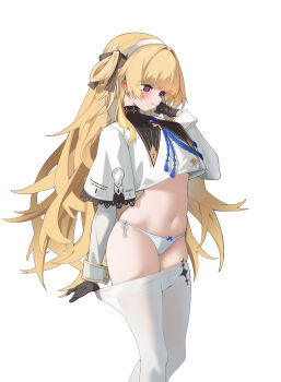 1girl @_@ absurdres black_collar black_gloves blonde_hair blush chinese_commentary closed_mouth clothes_pull collar commentary_request crop_top gloves hairband hand_up highres hornesix long_hair long_sleeves looking_down navel no_pants panties pantyhose pantyhose_pull phoebe_(wuthering_waves) purple_eyes shirt simple_background solo stomach tacet_mark_(wuthering_waves) thighband_pantyhose underwear very_long_hair white_background white_hairband white_panties white_pantyhose white_shirt wuthering_waves