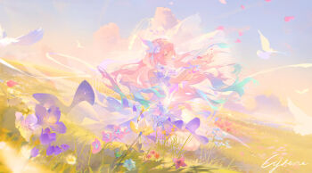 1girl absurdres aqua_hair bird blue_sky bridal_veil character_name chinese_commentary commentary_request cyrene_(honkai:_star_rail) cyrene_(ripples_of_past_reverie)_(honkai:_star_rail) dove dress flower hair_flower hair_ornament highres honkai:_star_rail honkai_(series) koujuan long_hair multicolored_hair outdoors pink_hair second-party_source sky solo two-tone_hair veil very_long_hair white_dress