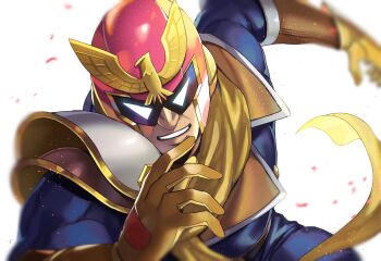 1boy armor blue_jacket blue_pants blurry captain_falcon depth_of_field f-zero gloves helmet jacket looking_at_viewer male_focus mature_male nintendo pants petals red_helmet running scarf shoulder_armor solo toned toned_male white_background yasaikakiage yellow_gloves yellow_scarf
