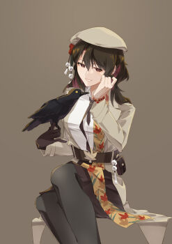 1girl absurdres belt bird bird_on_hand black_belt black_hair black_leggings black_necktie black_skirt bracelet breasts brown_background brown_gloves brown_hat brown_jacket chinese_commentary commentary commentary_request crow english_commentary feet_out_of_frame gloves grin hand_up hat hat_tassel highres jacket jewelry knees large_breasts leaf_ornament leaf_print leggings lips long_hair maple_leaf_print mixed-language_commentary necktie newsboy_cap pom_pom_(clothes) qingshuiwuyin_pary red_eyes red_hair second-party_source shameimaru_aya shirt sideways_glance simple_background single_glove sitting skirt slit_pupils smile solo touhou white_shirt yellow_eyes