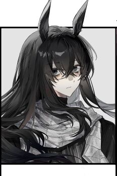 1boy animal_ears bags_under_eyes black_coat black_eyes black_hair black_shirt bochishiraita coat crossed_bangs grey_background hair_between_eyes heishou_pack-wu_branch_(identity)_(project_moon) highres horse_ears limbus_company long_hair looking_at_viewer male_focus official_alternate_costume portrait project_moon rectangular_eyewear scarf shirt sidelocks solo turtleneck turtleneck_shirt white_scarf yi_sang_(project_moon)