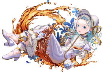 Rule 34 | 1girl, absurdres, alternate costume, black tea, blue hair, bonnet, collar, colored eyelashes, commentary request, cup, dress, earrings, flower earrings, frilled collar, frills, full body, gloves, gold ribbon, hand up, haneuzu miuneru, high heels, highres, holding, holding cup, jewelry, liquid, looking at viewer, multicolored hair, oxygenvil, playing with own hair, purple bonnet, purple dress, shoe dangle, solo, strappy heels, tea, teacup, teapot, tongue, tongue out, transparent background, two-tone hair, virtual youtuber, voms, white gloves, white hair