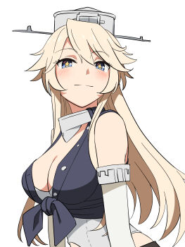 1girl absurdres baasaku_(balasaku24) blonde_hair blue_eyes blush breasts cleavage closed_mouth commentary detached_sleeves eyelashes front-tie_top hair_between_eyes headgear highres iowa_(kancolle) kantai_collection large_breasts long_hair looking_at_viewer simple_background solo star-shaped_pupils star_(symbol) symbol-shaped_pupils upper_body white_background