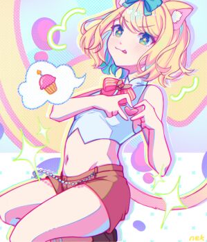 :3 :p animal_ear_fluff animal_ears aqua_eyes artist_name blonde_hair blush bow bowtie breasts cat_ears cupcake food hair_bow heart heart_hands highres medium_hair midriff millie_parfait millie_parfait_(4th_costume) mu_ank navel nijisanji nijisanji_en red_bow red_bowtie shirt shorts signature sleeveless sleeveless_shirt small_breasts sparkle speech_bubble star-shaped_pupils star_(symbol) symbol-shaped_pupils tongue tongue_out virtual_youtuber