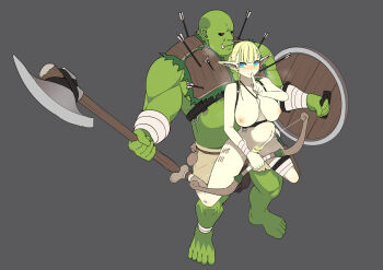 1boy 1girl armor arrow_(projectile) axe belly_riding blush bow_(weapon) breasts censored colored_skin elf fanny_packing finger_to_mouth green_skin grey_background harness heavy heavy_breathing hetero highres holding holding_bow_(weapon) holding_weapon jewelry meat_armor mosaic_censoring navel necklace nipples nude nudist orc original penis pointy_ears pubic_hair public_indecency pussy sex shield simple_background spread_legs stomach_bulge tally tooth_necklace ukavonnak weapon