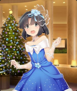 1girl :o bare_shoulders bell black_hair blue_dress blue_ribbon blush bow bowtie breasts ceiling_light choker christmas christmas_ornaments christmas_star collarbone cowboy_shot dot_nose dress earrings elbow_gloves formal_clothes game_cg gloves grey_eyes hair_ornament hair_ribbon hands_up indoors jewelry lace lace_gloves large_bow musumi_kiyoka off-shoulder_dress off_shoulder official_art open_mouth parted_bangs pendant_choker pillar print_gloves ribbon short_hair small_breasts snowflake_ornament snowflake_pendant snowflake_print solo sweat third-party_source tinsel toji_no_miko toji_no_miko:_kizamishi_issen_no_tomoshibi white_bow white_bowtie white_choker white_gloves