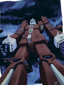 bad_id bad_twitter_id clenched_hands cloud densetsu_kyojin_ideon from_below highres ideon looking_at_viewer mecha mecha_focus moroboshi_danshaku no_humans robot science_fiction solo space super_robot visor