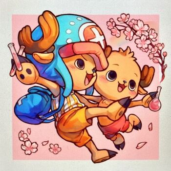 2boys :d age_comparison aged_down antlers aokamei backpack bag blush cherry_blossoms child creature dancing full_body holding holding_test_tube horns male_focus multiple_boys one_piece open_mouth orange_pants pants petals potion red_pants reindeer reindeer_antlers short_hair smile test_tube time_paradox tony_tony_chopper