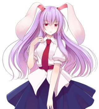 Rule 34 | 1girl, animal ears, blue skirt, blush, breasts, buttons, collared shirt, commentary request, cowboy shot, crote, glowing, hair between eyes, hand up, highres, large variant set, long hair, looking at viewer, necktie, pink hair, puffy short sleeves, puffy sleeves, rabbit ears, red necktie, reisen udongein inaba, shirt, short sleeves, simple background, skirt, solo, standing, touhou, transparent background, variant set, very long hair, white shirt