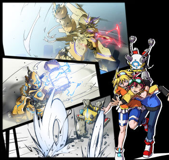 Rule 34 | 1boy, 1girl, blonde hair, bootmon, digimon, goggles, goggles on head, itsuki (digimon), kazuki (digimon), logimon, onmon, rebootmon, red hair, shorts, smile