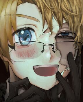 Rule 34 | 1boy, america (hetalia), aniiiiiimosity, axis powers hetalia, black-framed eyewear, black gloves, blonde hair, blue eyes, blush, broken mask, commentary, cracked kawaii mask, empty eyes, english commentary, fur trim, glasses, gloves, hair between eyes, half-closed eye, hand on own face, hands up, highres, looking at viewer, male focus, mask, open mouth, semi-rimless eyewear, shirt, short hair, smile, solo, sparkling eyes, teeth, upper body, white shirt