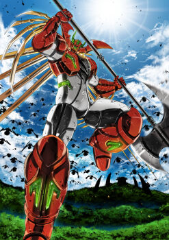 axe flying garimpeiro getter_arc getter_robo getter_robo_arc glowing glowing_eyes highres holding holding_axe looking_down mecha mecha_focus no_humans robot solo sun super_robot yellow_eyes