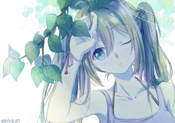1girl ;o arm_up bare_shoulders blush bra_strap buji commentary_request dated double-parted_bangs green_eyes green_hair hair_between_eyes halterneck hatsune_miku light_particles long_hair musical_staff one_eye_closed pink_ribbon plant portrait ribbon solo twintails vocaloid white_background wrist_ribbon
