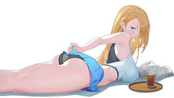 1girl ass black_panties blue_eyes blush book breasts brown_dust brown_dust_(series) clothes_lift come_hither hair_over_one_eye half-closed_eye highres large_breasts lifting_own_clothes light_smile looking_at_viewer looking_back lying midriff on_stomach panties reading sideboob skirt skirt_lift smile solo tank_top the_pose underwear wilhelmina_(brown_dust)