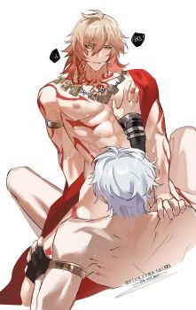 2boys abs antenna_hair arm_tattoo armlet black_gloves blonde_hair boy_on_top braid chest_tattoo earrings facial_tattoo fingernails gloves gold_earrings gold_necklace gradient_hair hashtag-only_commentary highres honkai:_star_rail honkai_(series) implied_sex jewelry male_focus medium_hair multicolored_hair multiple_boys mydei_(honkai:_star_rail) necklace pectoral_grab phainon_(honkai:_star_rail) red_hair red_tattoo short_hair side_braid simple_background single_glove tattoo toned toned_male white_background white_hair xiaozongcai521 yaoi yellow_eyes