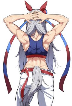 1girl animal_ears arms_behind_head back blue_tank_top commentary ear_covers from_behind grey_hair highres horse_ears horse_girl horse_tail long_hair muscular muscular_female pants reia_76 solo sports_bra tail tamamo_cross_(umamusume) tamamo_cross_(with_lightning_speed)_(umamusume) tank_top umamusume white_pants