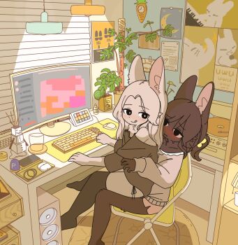 2girls :q analog_clock animal_ears black_eyes black_fur black_hair black_thighhighs blush body_fur bright_pupils chair clock computer computer_keyboard computer_mouse computer_tower cup dolphin_shorts drinking_glass folding_chair furry furry_female highres incest indoors lamp looking_back mario_(series) mike_no_hito minecraft monitor multiple_girls nintendo original phonograph pink_shorts plant ponytail poster_(object) potted_plant rabbit_ears rabbit_girl rug short_shorts shorts siblings sisters sitting sitting_on_lap sitting_on_person smile thighhighs tongue tongue_out white_fur white_hair white_pupils window_blinds yuri