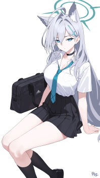 1girl absurdres ahoge alternate_costume animal_ears bag black_choker black_shoes black_skirt black_socks blue_archive blue_eyes blue_necktie breasts choker cleavage collared_shirt dhokidoki extra_ears grey_hair hair_ornament halo hashtag-only_commentary high-waist_skirt highres kneehighs large_breasts long_hair looking_at_viewer mismatched_pupils necktie pleated_skirt school_bag school_uniform shiroko_terror_(blue_archive) shirt shirt_tucked_in shoes short_sleeves simple_background skirt socks solo thighs very_long_hair white_background white_shirt wolf_ears