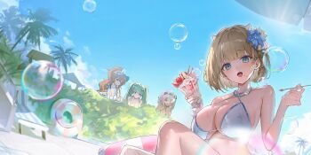 4girls bikini blonde_hair blue_eyes breasts brown_dust_(series) brown_dust_2 brown_hair bubble commentary commentary_request flower food green_eyes hair_flower hair_ornament highres holding holding_food holding_spoon ice_cream innertube jewelry justia_(brown_dust) justia_(hot_summer_dream)_(brown_dust) large_breasts long_hair multicolored_hair multiple_girls nebris_(brown_dust_2) necklace official_art open_mouth short_hair spoon sundae swim_ring swimsuit twintails venaka_(brown_dust_2) wet white_bikini zenith_(brown_dust)