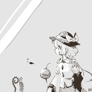 Rule 34 | 1girl, 3ma can omochi, blouse, bow, bubble, buttons, diamond button, disembodied linked eye, eyeball, fern, fish, frilled sleeves, frills, hat, hat bow, hat ribbon, heart, heart of string, highres, komeiji koishi, limited palette, plant, ribbon, shirt, short hair, solo, touhou, wide sleeves