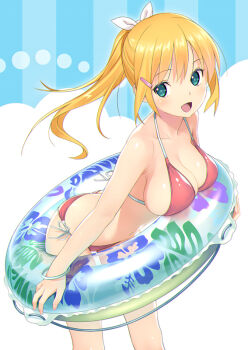 1girl :d ass bare_arms bare_shoulders bikini blonde_hair blue_background breasts butt_crack cleavage collarbone commentary_request green_eyes hair_ornament hair_ribbon hairclip halterneck innertube koutaro large_breasts long_hair looking_at_viewer navel open_mouth original photoshop_(medium) ponytail red_bikini ribbon side-tie_bikini_bottom sideboob sidelocks smile solo string_bikini striped_background swim_ring swimsuit transparent white_background white_ribbon