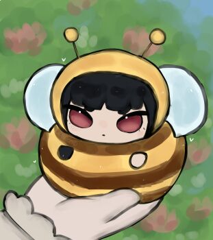 Rule 34 | 1girl, 1other, artist name, bee costume, black gloves, black hair, blunt bangs, commentary, field, flower, flower field, gloves, highres, limbus company, mini person, minigirl, project moon, r breadd, red eyes, ryoshu (project moon), short hair, single glove, symbol-only commentary