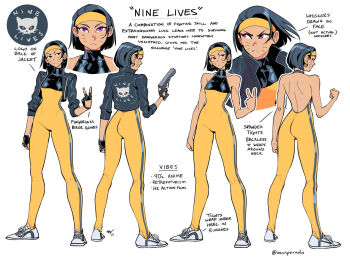 1girl ass backless_bodysuit backless_outfit black_bodysuit black_hair bodysuit breasts closed_mouth commentary drawn_whiskers english_commentary english_text fingerless_gloves from_behind full_body gloves gun halterneck headband highres holding holding_gun holding_weapon impossible_bodysuit impossible_clothes jacket looking_at_viewer multicolored_bodysuit multiple_views nine_lives_(vashperado) open_clothes open_jacket original pink_eyes reference_sheet shoes short_hair simple_background skin_tight sleeveless sleeveless_bodysuit sneakers spandex standing tight_clothes two-tone_bodysuit v vashperado weapon yellow_bodysuit yellow_headband
