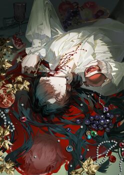 1boy absurdres alternate_costume bead_necklace beads black_hair blade_(honkai:_star_rail) blood blood_on_neck chinese_commentary commentary_request cup curtained_hair drinking_glass dual_persona earrings food frilled_shirt_collar frilled_sleeves frills fruit gem gradient_hair grapes guaisanmu hair_over_one_eye hair_spread_out highres holding holding_food holding_fruit holding_knife honkai:_star_rail honkai_(series) injury jewelry knife long_hair long_sleeves looking_at_viewer lying male_focus multicolored_hair multiple_rings neck_injury necklace on_back painterly pomegranate pool_of_blood puffy_sleeves red_eyes ring shirt solo_focus stab upside-down white_shirt