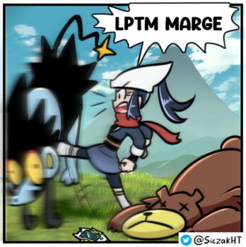 1girl :&lt; :o akari_(pokemon) angry beanie eyelashes forest gen_2_pokemon gen_4_pokemon grass hat injury kicking long_hair looking_at_another luxray meme meme_request motion_blur mountain nature nintendo open_mouth outdoors pokemon pokemon_legends:_arceus red_scarf scarf shaded_face shirt siczak sky spanish_text translated ursaring