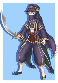 Rule 34 | 1girl, arabian clothes, blue background, blue eyes, border, brown hair, desert assassin (grimms notes), grimms notes, holding, holding sword, holding weapon, navel, pants, pointy shoes, purple pants, scimitar, shoes, solo, sword, weapon, white border, xun yan
