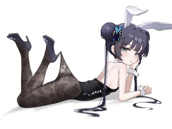 1girl absurdres alternate_costume animal_ears ass back black_hair black_leotard black_pantyhose black_shoes blue_archive blunt_bangs blush braid breasts bun_with_braided_base butterfly_hair_ornament clenched_hand commentary double_bun eyes_visible_through_hair fake_animal_ears fishnet_pantyhose fishnets from_side full_body grey_eyes hair_bun hair_intakes hair_ornament hand_on_own_cheek hand_on_own_face hand_up high_heels highleg highleg_leotard highres kisaki_(blue_archive) knees_together_feet_apart lace_pantyhose_hooked_on_heel_(meme) legs leotard long_hair looking_at_viewer lying meme no_bra on_stomach open_mouth pantyhose playboy_bunny rabbit_ears shoes sideboob simple_background small_breasts solo strapless strapless_leotard the_pose thighband_pantyhose thighs twintails white_background white_wrist_cuffs wrist_cuffs xiaoxiaoyifan