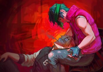 Rule 34 | 2boys, bench, biker (hotline miami), blonde hair, blue eyes, blue gloves, blue pants, cigarette, closed eyes, closed mouth, denim, fingerless gloves, from side, gloves, green hair, green headband, hair behind ear, hand on own knee, hashtag-only commentary, headband, highres, hotline miami, jacket, jacket (hotline miami), jeans, letterman jacket, long sleeves, looking at another, looking down, male focus, multiple boys, pants, parted hair, popped collar, purple vest, saanparuian003, shirt, short sleeves, sitting, smoke, smoking, torn clothes, torn jeans, torn pants, vest, white shirt