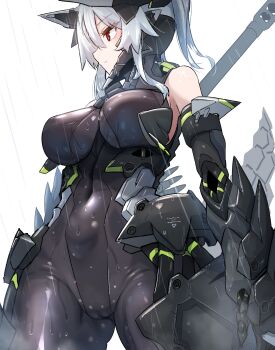 1girl android breasts commentary_request feet_out_of_frame grey_hair headgear highres impossible_clothes large_breasts looking_to_the_side m004_(natsukaze_shigure) natsukaze_shigure original rain red_eyes short_hair simple_background solo standing sword weapon wet white_background