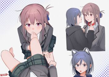 2girls absurdres animal_collar animal_ear_fluff animal_ears artist_name barefoot black_hair black_hoodie blazer blue_eyes blue_hair blue_ribbon blush braid brown_hair cat_ears chinese_commentary collar collared_shirt commentary_request dress_shirt eye_contact feet female_pov green_skirt grey_hoodie grey_jacket grey_skirt haidao_mao hair_between_eyes hair_bun hair_ribbon highres hood hood_down hoodie jacket kissing_foot long_hair long_sleeves looking_at_another looking_at_viewer medium_hair miyagi_shiori multiple_girls multiple_views open_mouth parted_lips pink_eyes pink_hair plaid_clothes plaid_skirt pleated_skirt pov purple_eyes red_collar ribbon school_uniform sendai_hazuki shirt short_hair shuuniichido_classmate_wo_kau_hanashi sidelocks simple_background skirt toes tongue tongue_out white_background white_shirt yuri