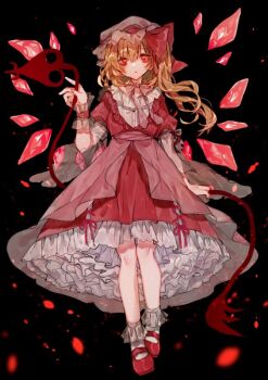 1girl adapted_costume black_background blonde_hair bobby_socks bow bowtie character_name commentary_request crystal dress flandre_scarlet full_body hair_between_eyes hat hat_ribbon holding holding_weapon laevatein_(touhou) looking_at_viewer mary_janes mob_cap one_side_up petticoat pink_bow pink_sash puffy_sleeves ranguage red_dress red_ribbon red_wings ribbon sash see-through_clothes shinjitsu_no_kuchi shirt shoes short_hair socks solo touhou weapon white_hat white_shirt wide_sleeves wings wrist_cuffs