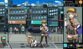 Rule 34 | + +, :d, absurdres, anis (nikke), black skirt, black thighhighs, blunt bangs, boots, brown capelet, brown footwear, brown hair, capelet, cityscape, commander (nikke), deerstalker, goddess of victory: nikke, green eyes, gun, handgun, hat, high heel boots, high heels, highres, holding, holding magnifying glass, holster, magnifying glass, multiple girls, multiple views, n102 (nikke), neon (nikke), non-humanoid robot, novel (nikke), open mouth, orange headwear, pencil behind ear, pixel art, plaid capelet, plaid clothes, privaty (nikke), purple capelet, rapi (nikke), robot, robot animal, robot dog, sealssugiyama, shirt, short hair, short twintails, sidelocks, skirt, smile, soldier, sugiyamasama, thigh holster, thigh strap, thighhighs, twintails, two-sided capelet, volt (nikke), weapon, white shirt