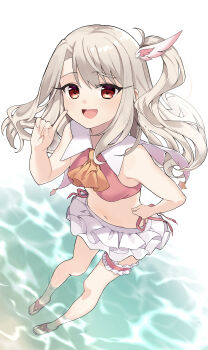 1girl absurdres adapted_costume akaneko016 ascot bare_shoulders barefoot bikini blush breasts capelet fate/kaleid_liner_prisma_illya fate_(series) feather_hair_ornament feathers frilled_thigh_strap full_body hair_ornament highres illyasviel_von_einzbern index_finger_raised long_hair looking_at_viewer miniskirt one_side_up open_mouth pink_bikini prisma_illya red_eyes sidelocks skirt small_breasts smile solo swimsuit thigh_strap white_capelet white_hair white_skirt